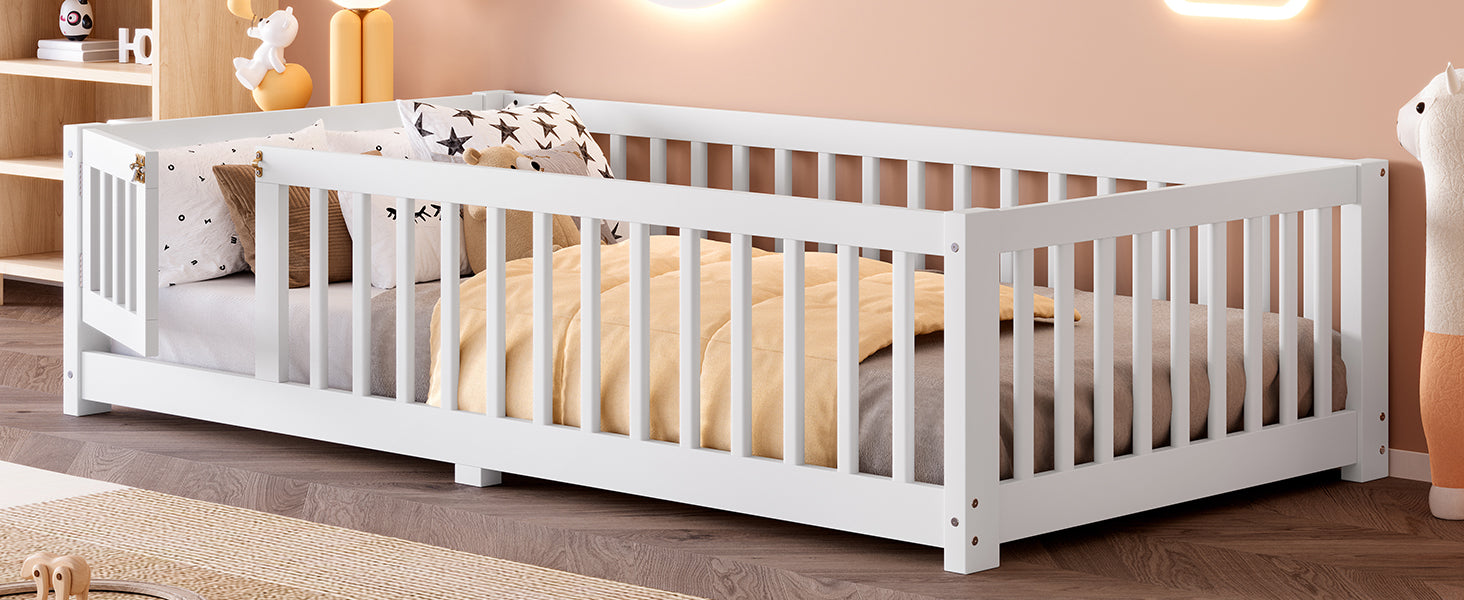 variant-group:rf-w1580p338944|Roomfitters Wooden Twin Floor Bed Frame with Door & Safety Guardrails, Low Platform Design for Bedroom or Playroom, White