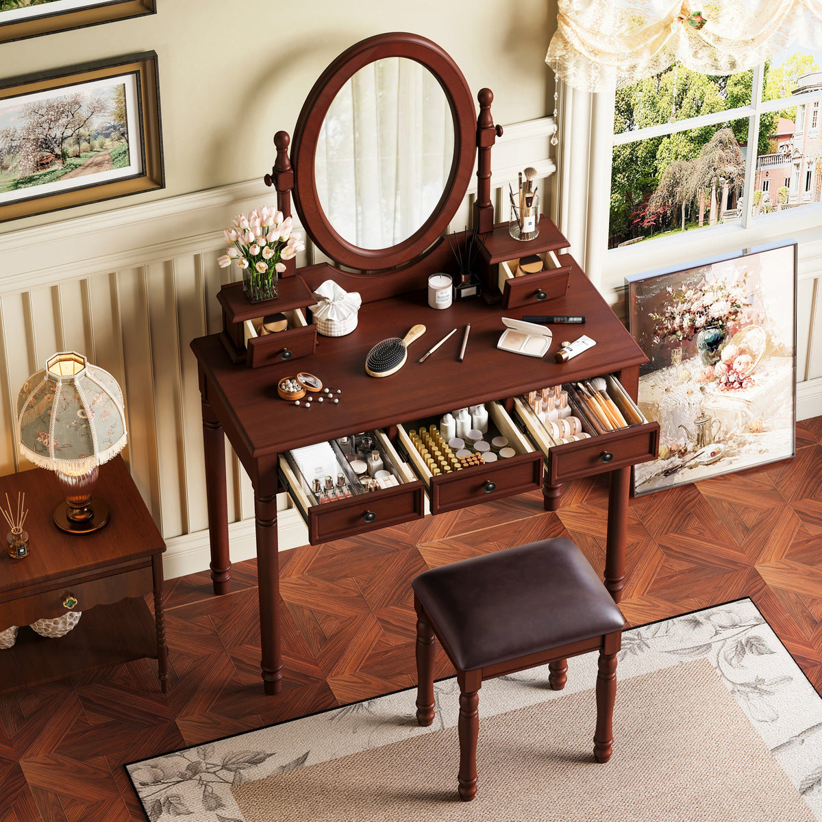Roomfitters Vintage Vanity Desk with Adjustable Mirror, Makeup Table and Cushioned Stool Set, Wooden Dressing Table with 5 Drawers and Velvet Lining, Walnut