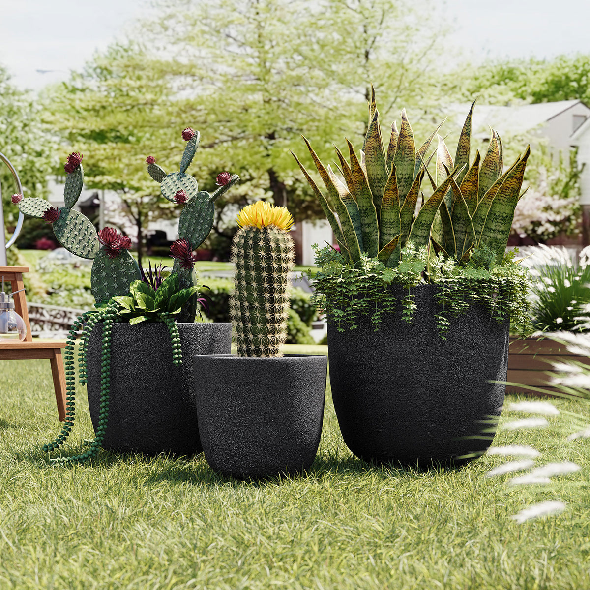 variant-group:rf-n711p406670b|Roomfitters Lightweight Matte Textured MGO Planter Set, 3-Piece Graduated Flower Pots, Black Concrete-Look Stackable