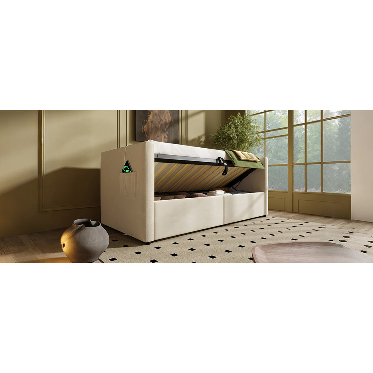 variant-group:rf-n736p303402b|Roomfitters Upholstered Twin Size Daybed with Storage, USB & Type-C Charging, Tufted Sofa Back, Velvet Beige