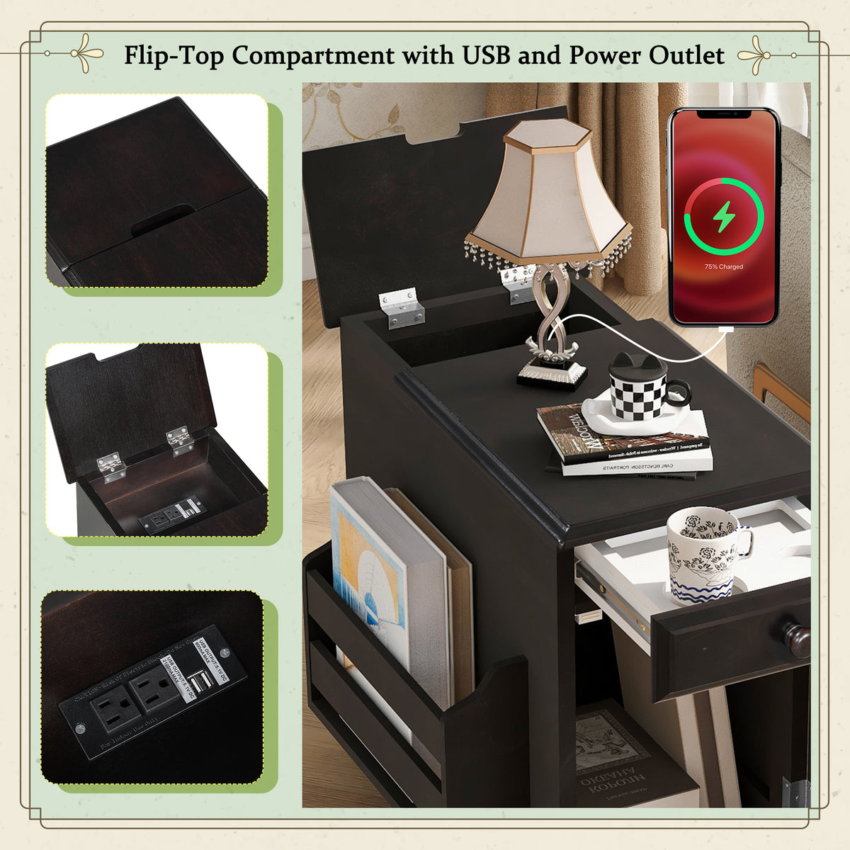 variant-group:rf-n724p293133p|Roomfitters Vintage Sofa Side Table with USB Ports, Flip Top, Cup Holders and Bookshelf Storage for Small Spaces, Espresso