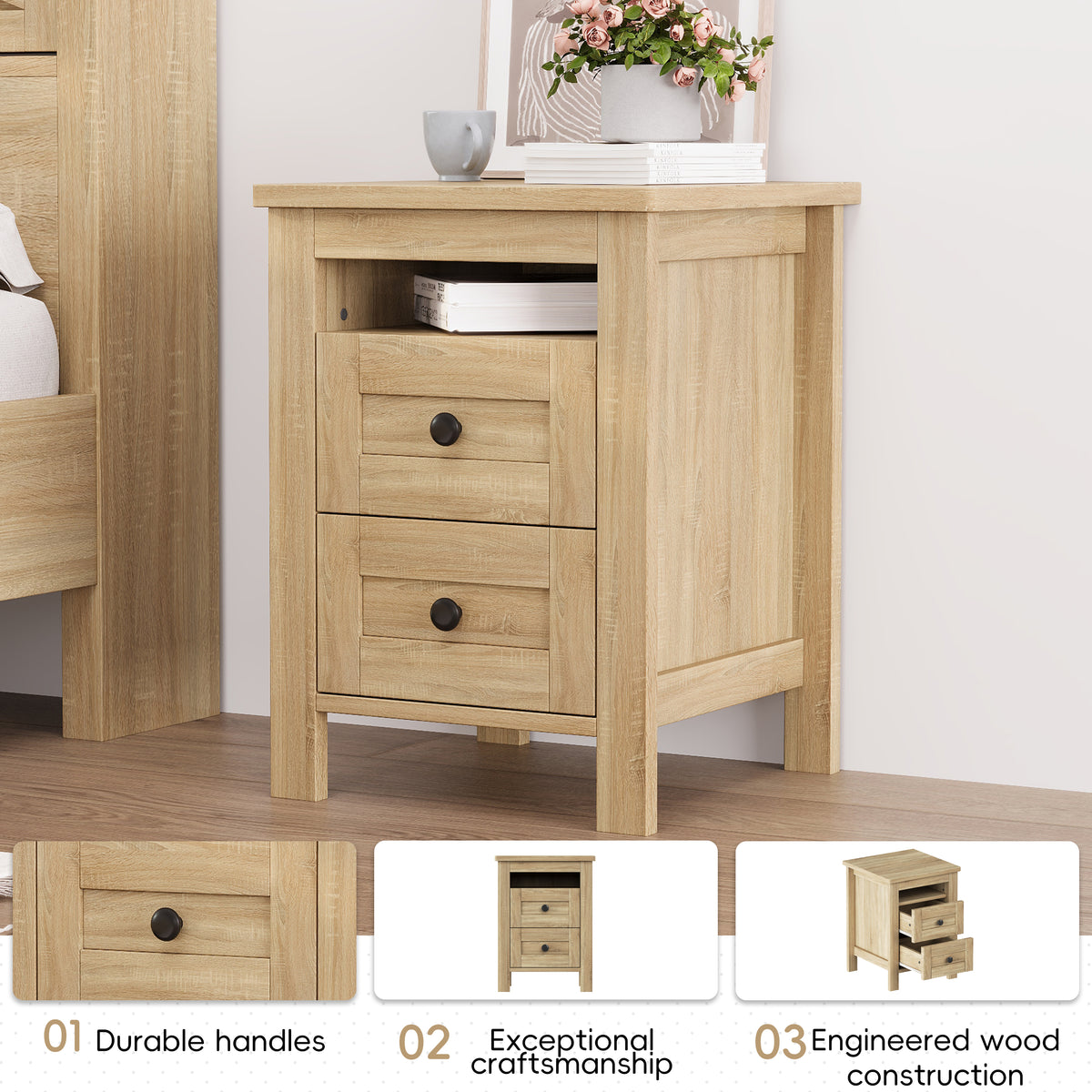 variant-group:rf-n733s369048m|Roomfitters 3 Piece Bedroom Set, Full Farmhouse Platform Bed with Sliding Headboard, Bedside Tables, Natural