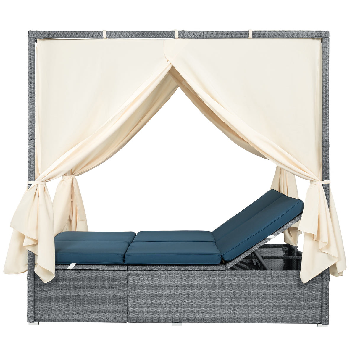variant-group:rf-n711wy000471aac|Roomfitters Modern Tropical Dark Blue PE Rattan Outdoor Double Sun Lounger, Patio Daybed, Adjustable Recline, Canopy
