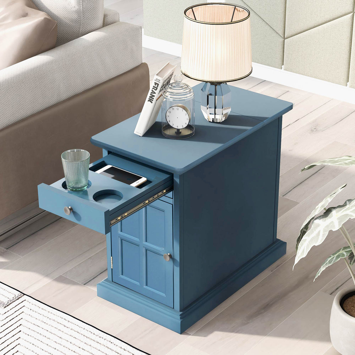 variant-group:rf-n724p185778m|Roomfitters Vintage End Table with USB Ports, Cup Holders and Multifunctional Storage for Living Room, Navy Blue