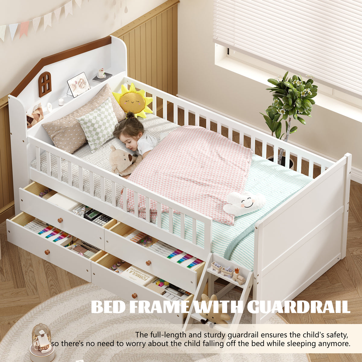 variant-group:rf-n733s278032k|Roomfitters Twin Platform Bed Frame with Four Drawers, Wooden Kids Bed with Guardrail Headboard and Ladder, White
