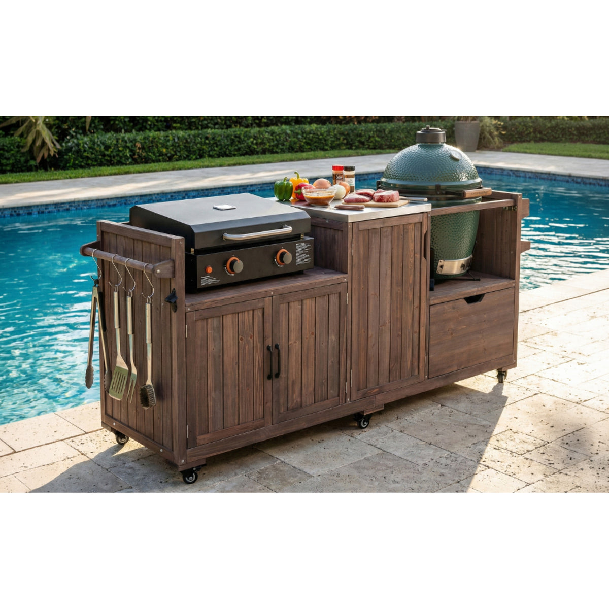 variant-group:rf-n707p392140z|Roomfitters 80.5" Extra Large Grill Cart, Outdoor Kitchen Prep Station with Stainless Steel Top & Kamado Grill Stand, Dark Brown