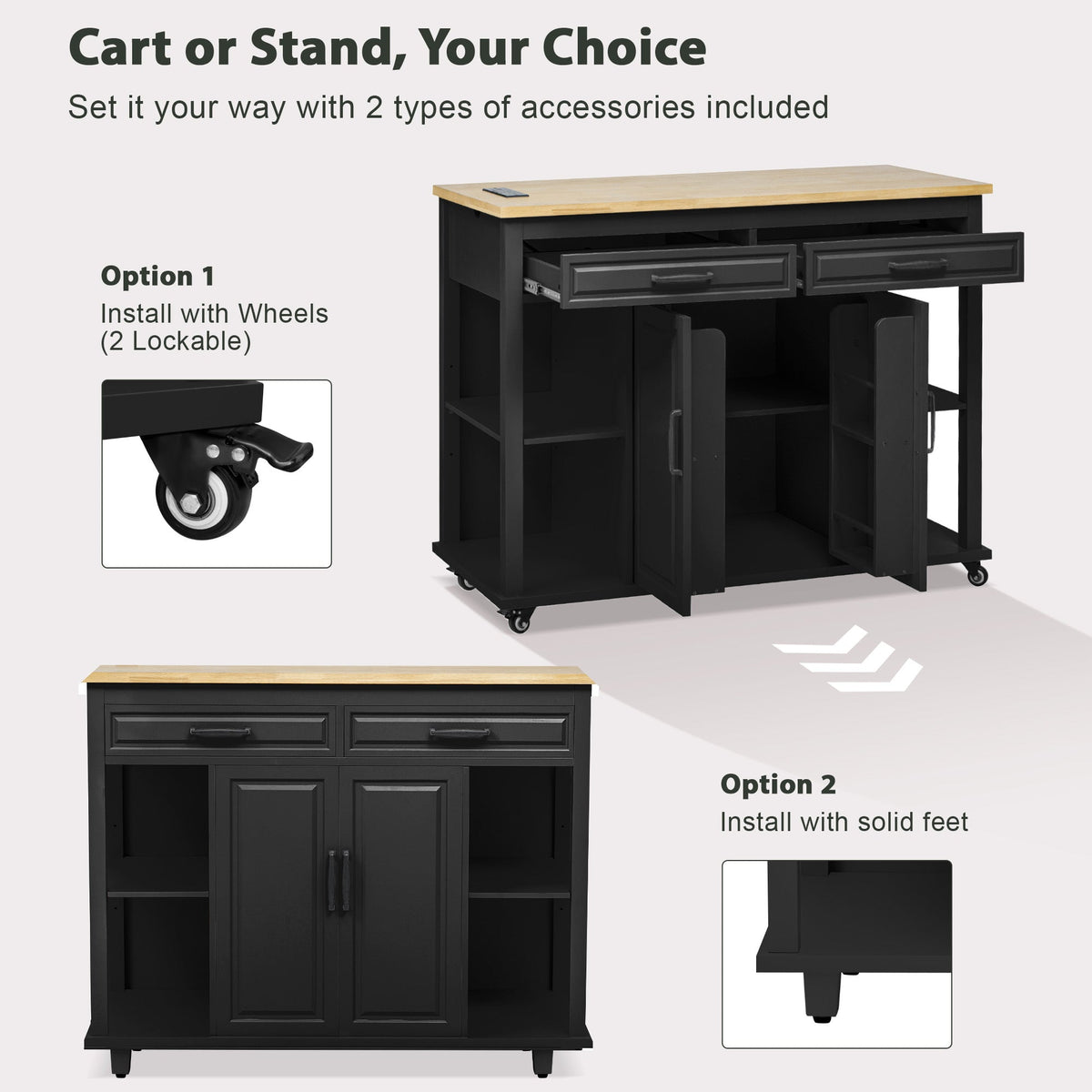 Roomfitters 47" Kitchen Island with Slide-Out Dining Table, Mobile Cart with Built-in Outlets, Internal Racks, Black