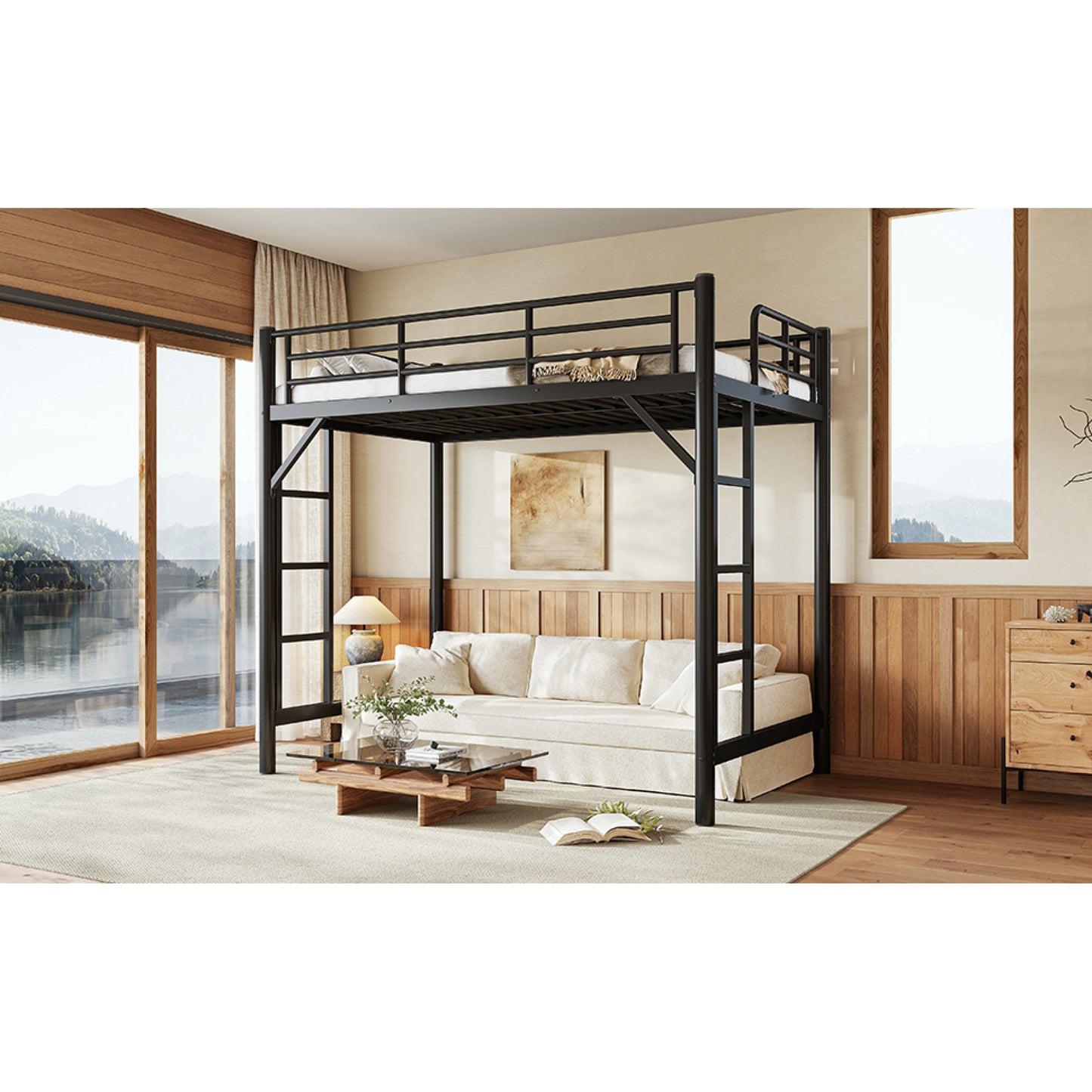 variant-group:rf-w1580p455010|Roomfitters Twin Size Metal Loft Bed Frame with Guardrails, Heavy Duty Space Saving High Loft Bed Dual Ladders, Black