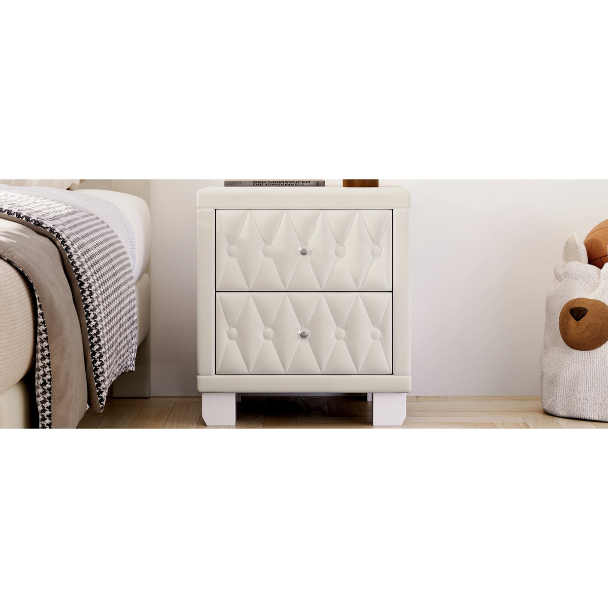 variant-group:rf-n733p210398a|Roomfitters Velvet Nightstand with Crystal Handles, Button-Tufted Upholstered Bedside Table with Two Storage Compartments, Beige