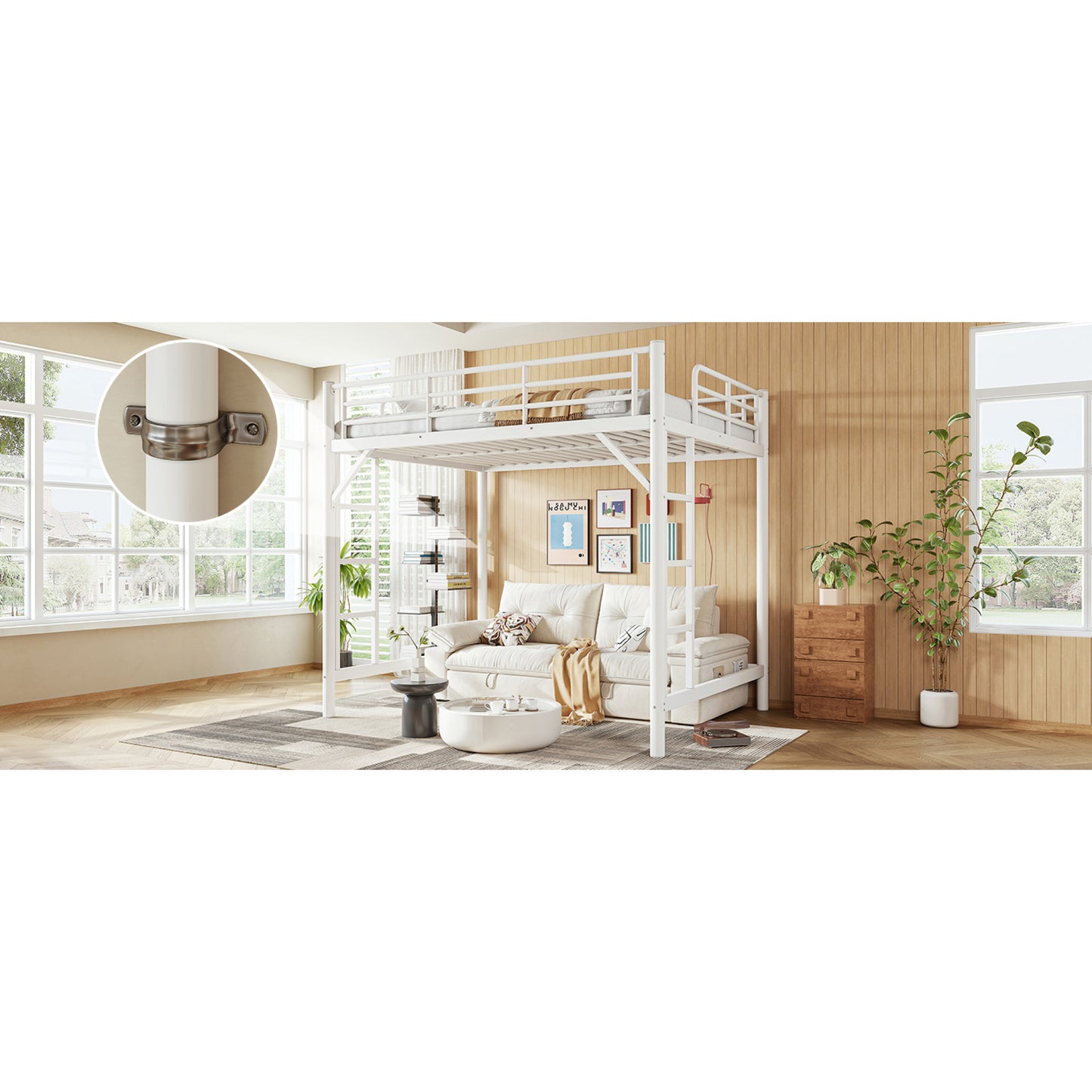 variant-group:rf-w1580p455016|Roomfitters Full Size Metal Loft Bed Frame with Guardrails, Heavy Duty Space Saving High Loft Bed Dual Ladders, White