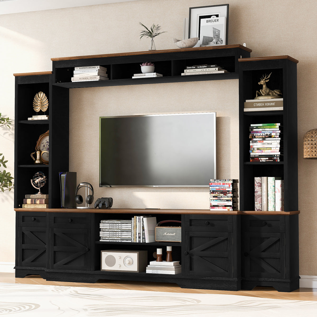 variant-group:rf-n724sj000154aab|Roomfitters 98.8"W Farmhouse Wall Unit Entertainment Center, 4 Barn Doors, Black & Brown