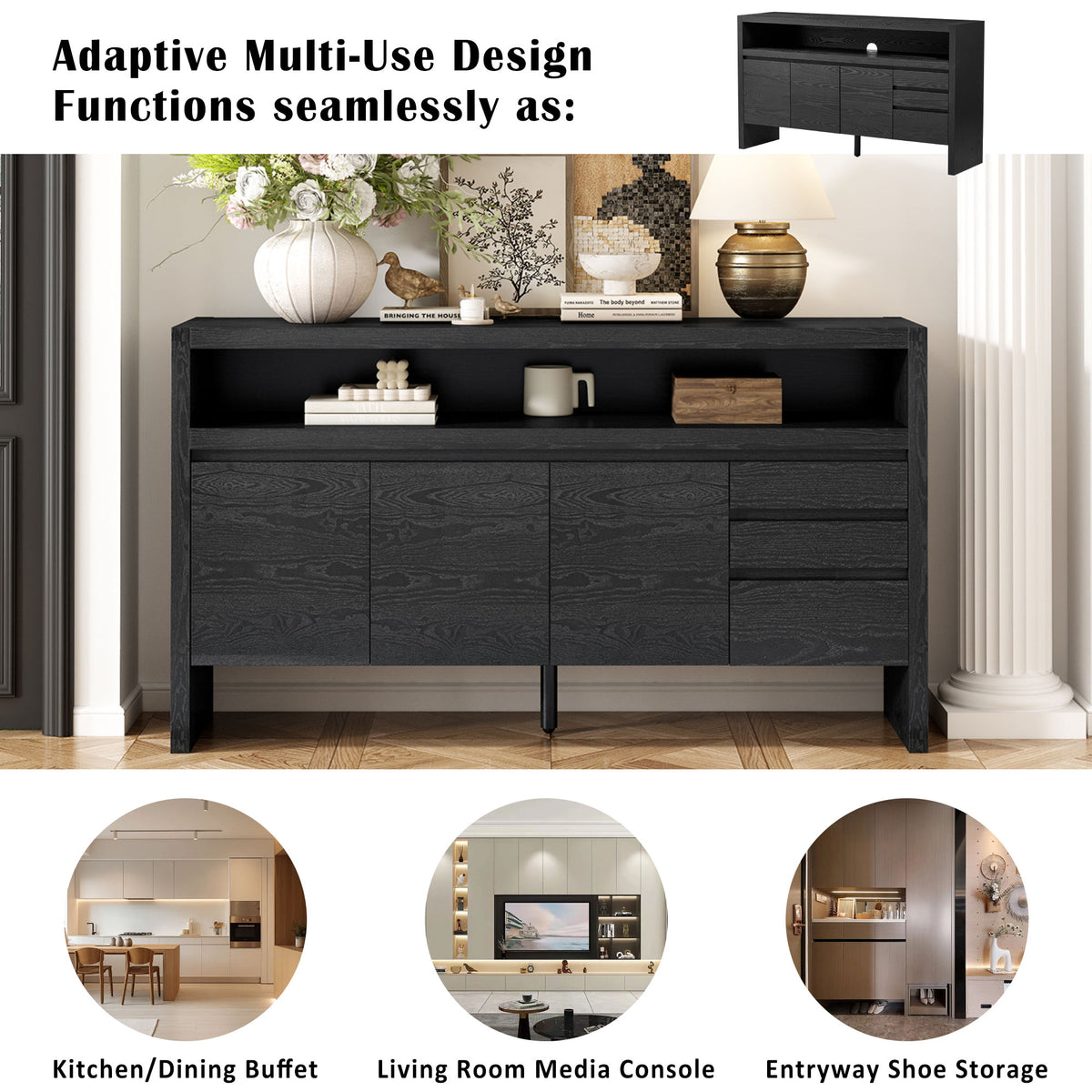 variant-group:rf-n711p289141b|Roomfitters 60" Modern Solid Wood Veneer Sideboard with 3 Doors & 3 Drawers, Open Shelf & Cable Cutout, Large Storage Cabinet for Dining, Hallway, Living Room, Black