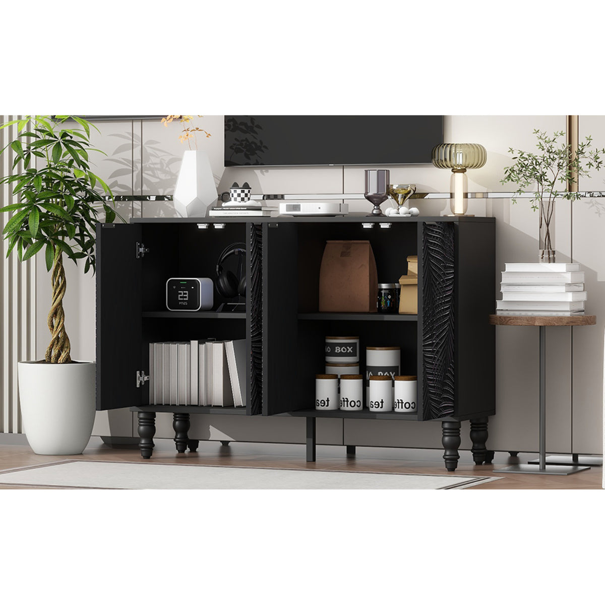 variant-group:rf-n724p233372b|Roomfitters Modern TV Stand for up to 43 Inch TV, Entertainment Console with Storage Compartments and Wood Legs, Black