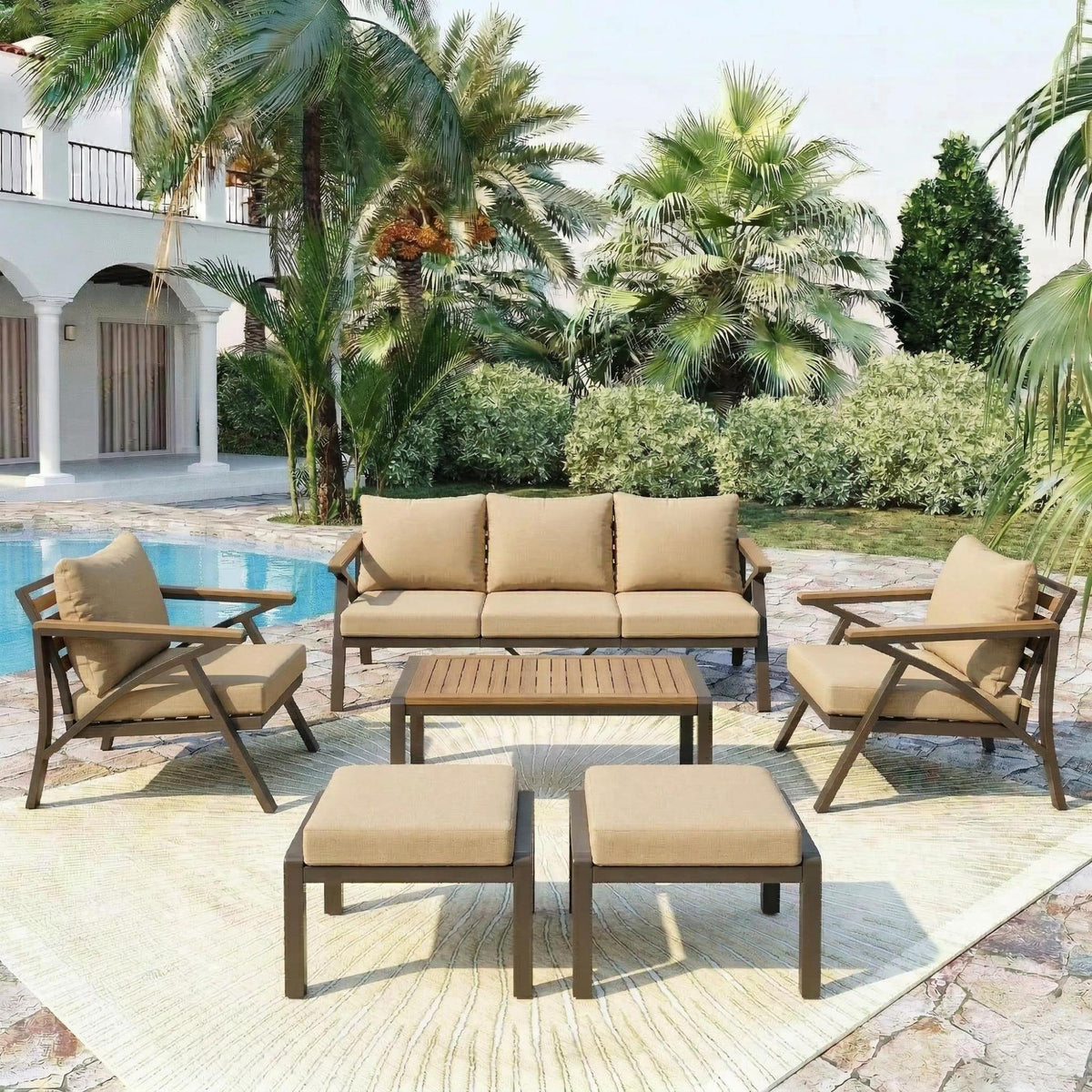 variant-group:rf-n704g201256d|Roomfitters 6-Piece Steel Conversation Set with 3-Seat Sofa Multi-Functional Ottomans and Acacia Wood Table Brown