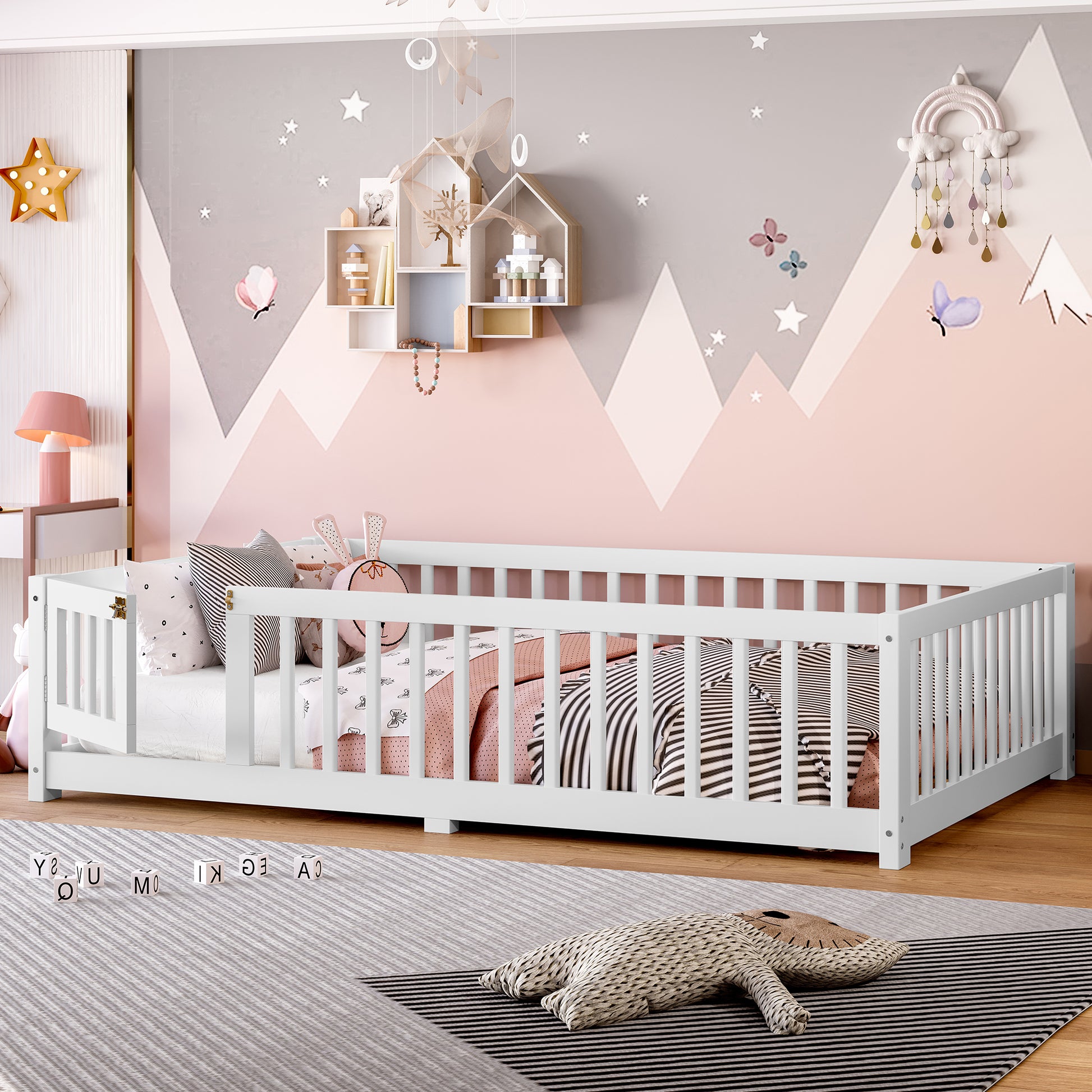 variant-group:rf-w1580p338950|Roomfitters Wooden Full Floor Bed Frame with Door & Safety Guardrails, Low Platform Design for Bedroom or Playroom, White