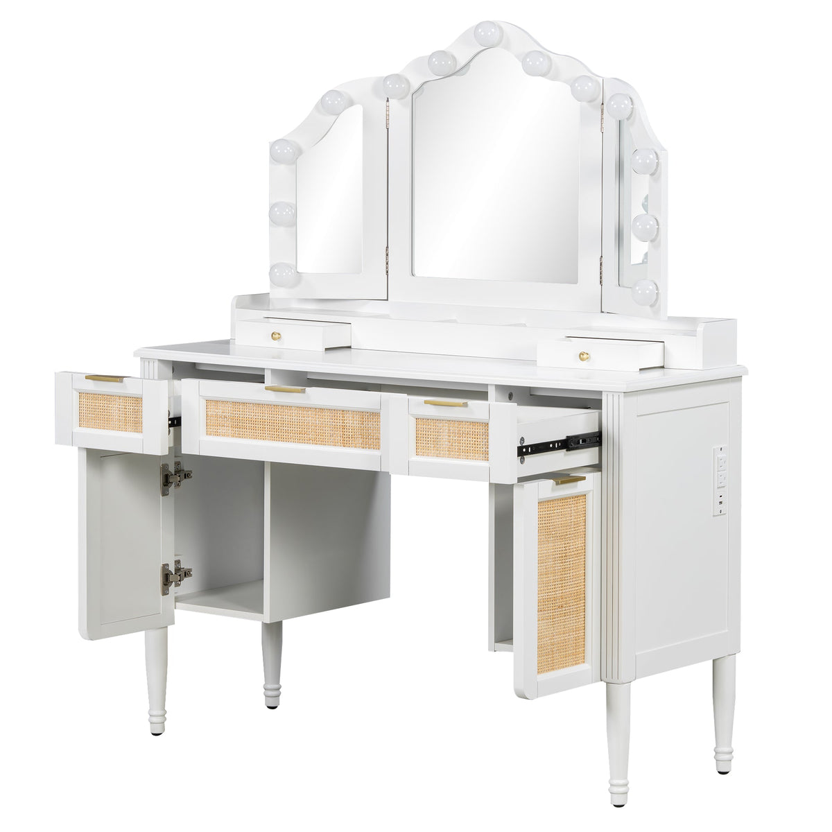 Roomfitters 44.37" Makeup Vanity with Lighted Tri-fold Mirror, French Vintage Rattan Dressing Table, Drawers and Stool, White Roomfitters