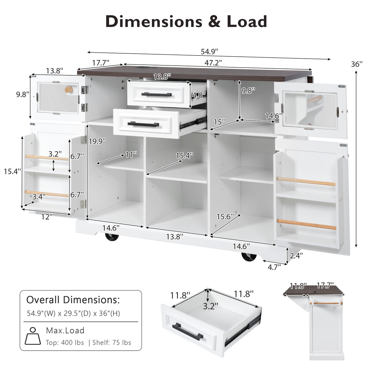 variant-group:rf-n707s300277w|Roomfitters 54.9" Kitchen Island with Drop Leaf, Rolling Kitchen Cart with Barn Door and Glass Door, Storage Cabinet, White
