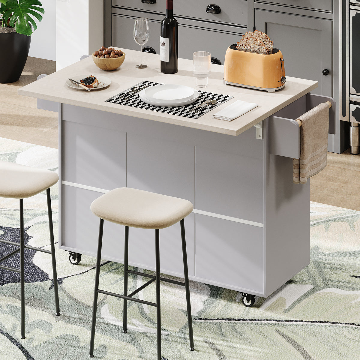 variant-group:rf-n707wf326381aag|Roomfitters Kitchen Island with Trash Can Storage Cabinet, Grey - Drop Leaf, Spice Rack, Towel Rack, Drawer, Adjustable Shelf, Rolling Island on Wheels, Grey