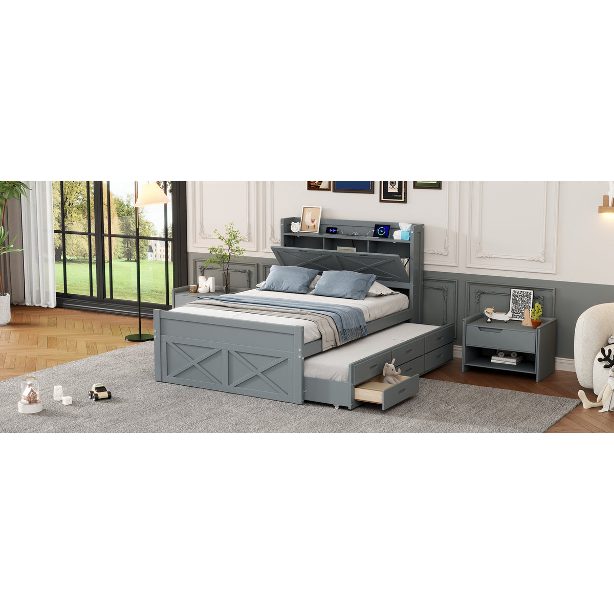 variant-group:rf-n733s172712e|Roomfitters Full Size Wooden Bed with Storage Headboard, Built-In Outlets, Extendable Design with Twin Trundle and Practical Storage, Gray