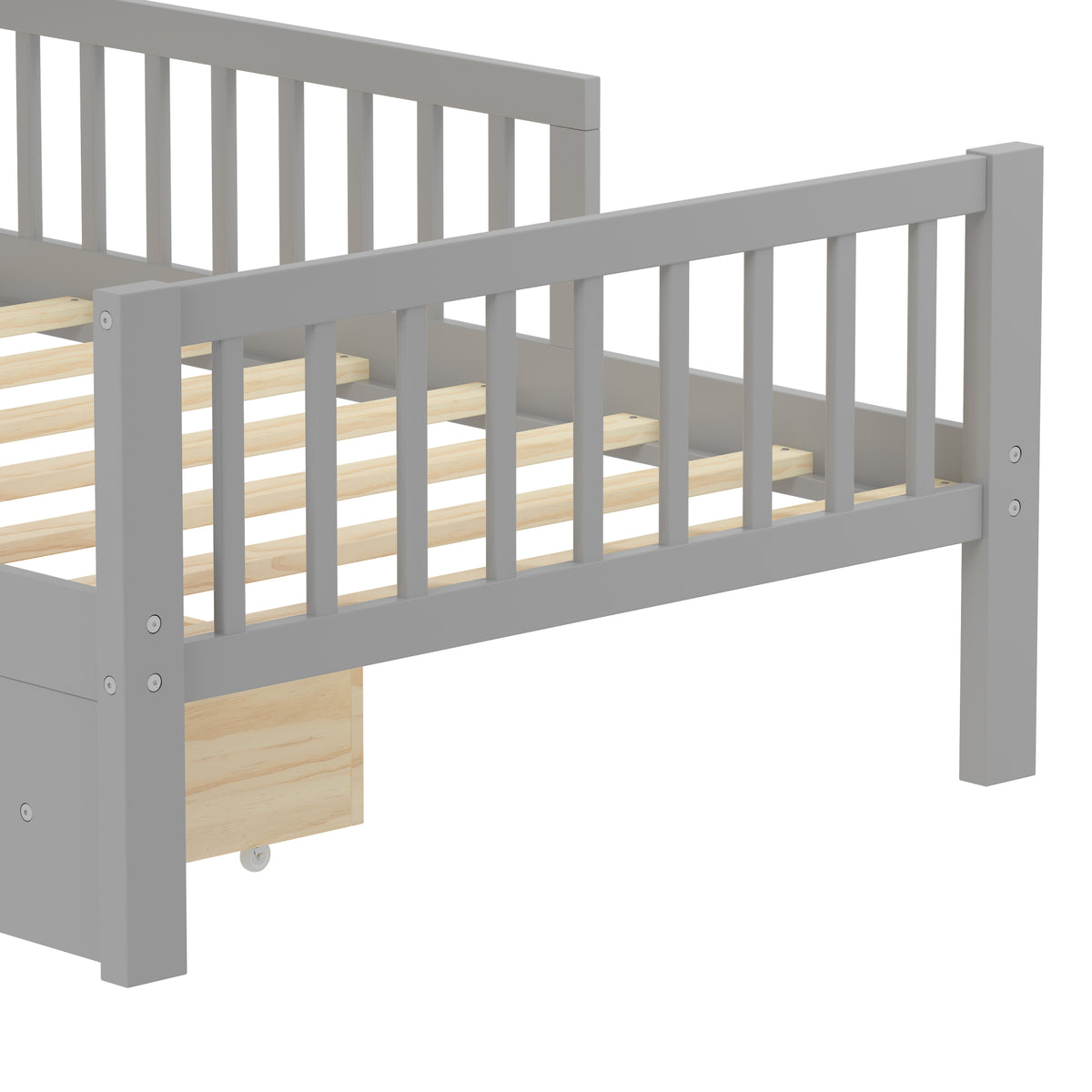 variant-group:rf-n733p272374e|Roomfitters Twin Bed with Headboard Storage Rack, Under-Bed Storage and Three-Side Guardrails, Gray