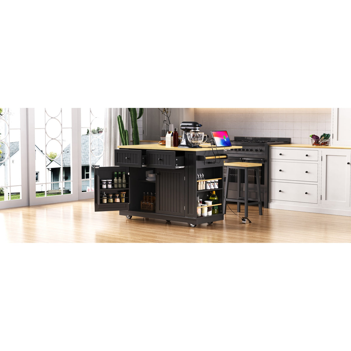 variant-group:rf-n707s257057b|Roomfitters 48" Kitchen Island with Power Outlet and Drop Leaf, Rolling Storage Cabinet with Wood Top and Spice Rack, Black