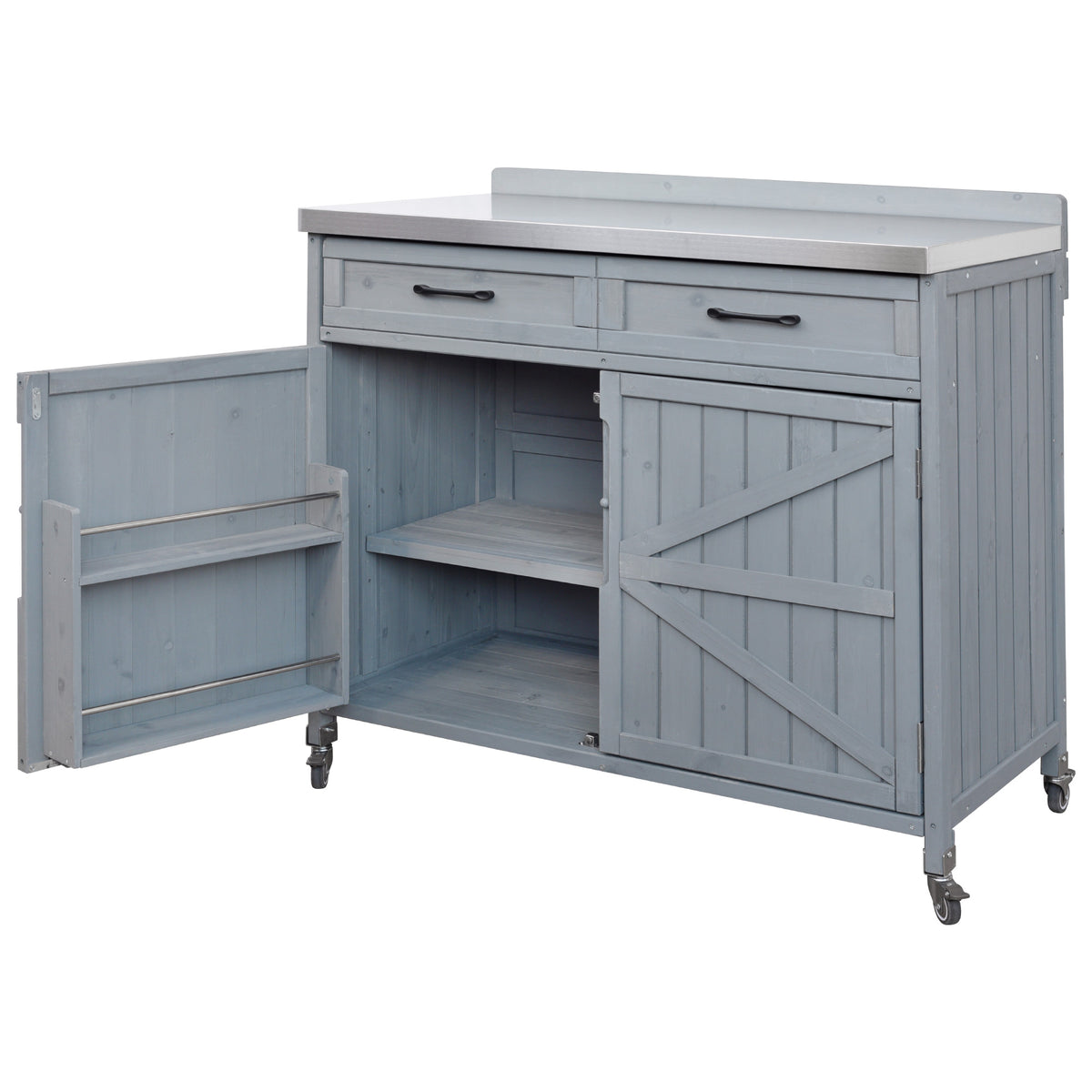 variant-group:rf-n707p370273g|Roomfitters 39.4" Grill Cart, Outdoor Kitchen Island with Stainless Steel Top, BBQ Prep Station with Storage Cabinet, Grey+Blue