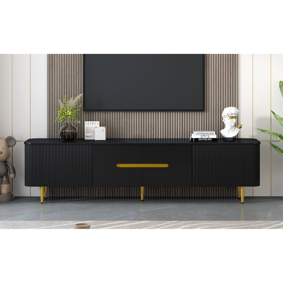 variant-group:rf-n724sj000143aab|Roomfitters Minimalist TV Stand for up to 85 Inch TV, Entertainment Center with Four Spacious Cabinets, Black