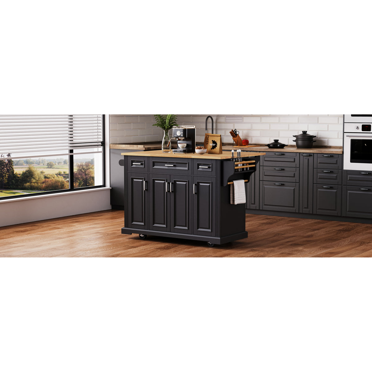 variant-group:rf-n707s195395b|Roomfitters 54" Kitchen Island with Wood Top, Rolling Storage Cabinet with 3 Drawers and 3 Doors, Spice Rack, Black
