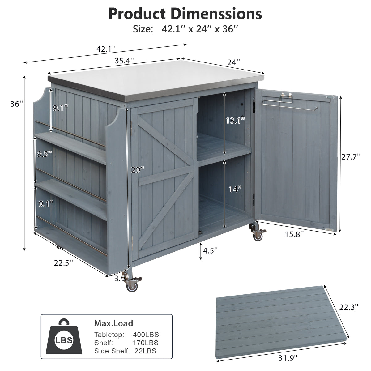 variant-group:rf-n707p370287g|Roomfitters 42.1" Grill Cart, Outdoor Kitchen Island with Stainless Steel Top, BBQ Prep Station with Spice Rack, Grey+Blue
