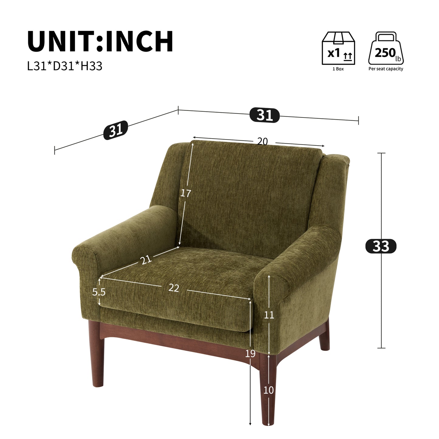 variant-group:rf-n723p426251g|Roomfitters Mid-Century Modern Textured Upholstered Accent Chair, Comfy Armchair with Sturdy Solid Wood Legs for Home, Green