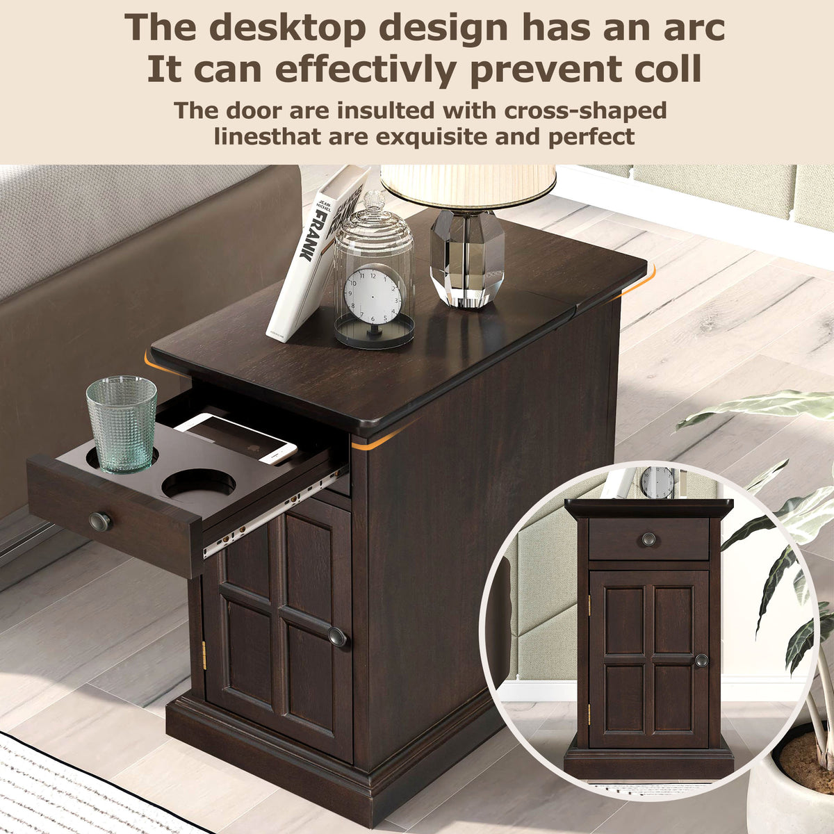 variant-group:rf-n724p185778p|Roomfitters Vintage End Table with USB Ports, Cup Holders and Multifunctional Storage for Living Room, Espresso