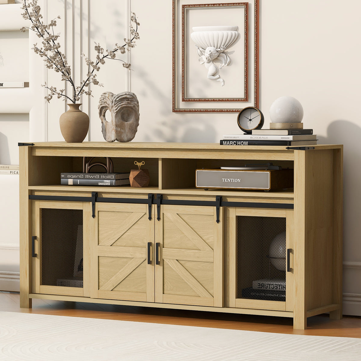 variant-group:rf-n711p347388o|Roomfitters 59.3" Sideboard Buffet Cabinet with Sliding Barn Doors, Modern Farmhouse Storage for Kitchen & Dining, Natural