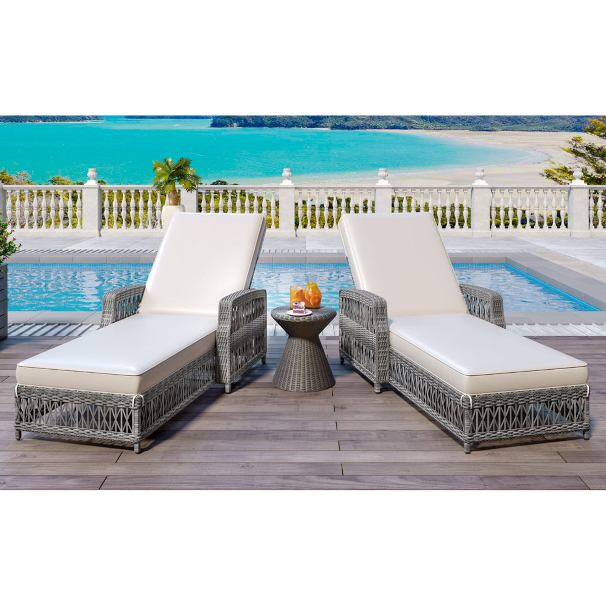 Roomfitters Outdoor Reclining Chaise, Adjustable Wicker Lounge Chair with Armrests & Cushions for poolside, Set of 2, Beige Roomfitters