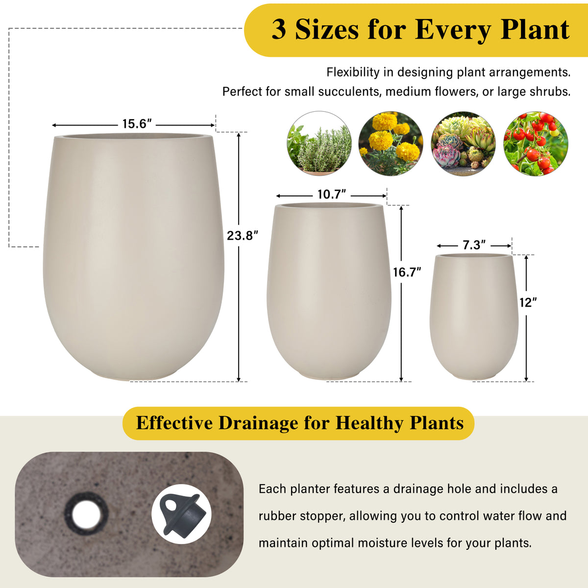 variant-group:rf-n711p406658e|Roomfitters Lightweight Round MGO Planter Set, 3-Piece Graduated Outdoor Flower Pots, Light Beige Weather-Resistant