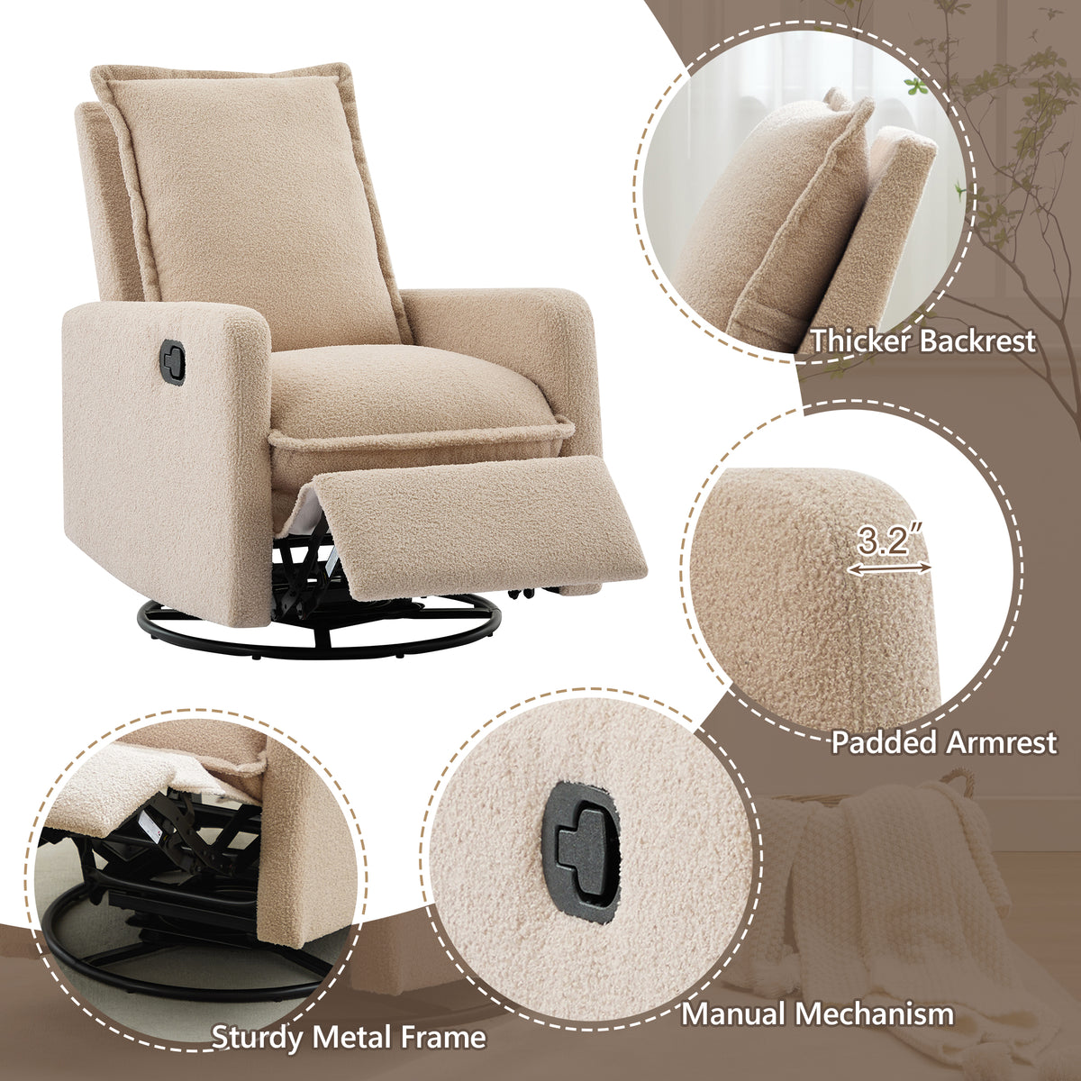 variant-group:rf-n701p348238o|Roomfitters Swivel Rocker Recliner Chair, Glider Rocking Armchair, Teddy Fleece Nursery Reclining Lounge Accent Chair, Oatmeal
