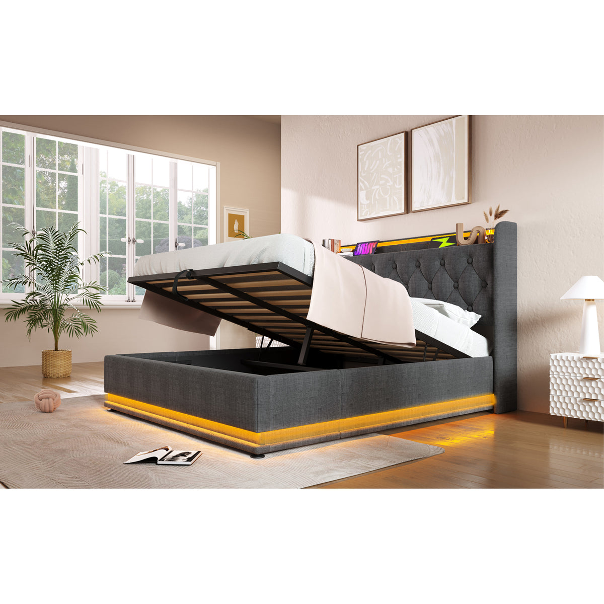 variant-group:rf-n736p188806g|Roomfitters Full Size Upholstered Storage Bed with USB Type-C Charging and Remote Control, Linen Gray