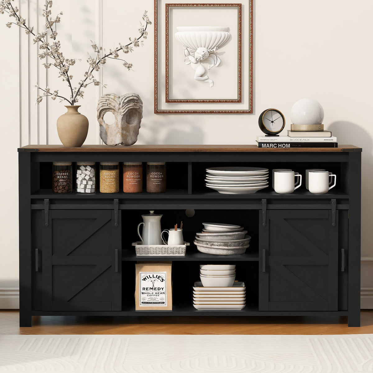 variant-group:rf-n711p347388b|Roomfitters 59.3" Sideboard Buffet Cabinet with Sliding Barn Doors, Modern Farmhouse Storage for Kitchen & Dining, Black
