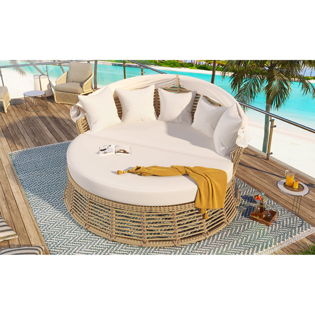 Roomfitters Outdoor Patio Rattan Round Daybed with Retractable Canopy and Removable Wicker Sectional Cushions Roomfitters