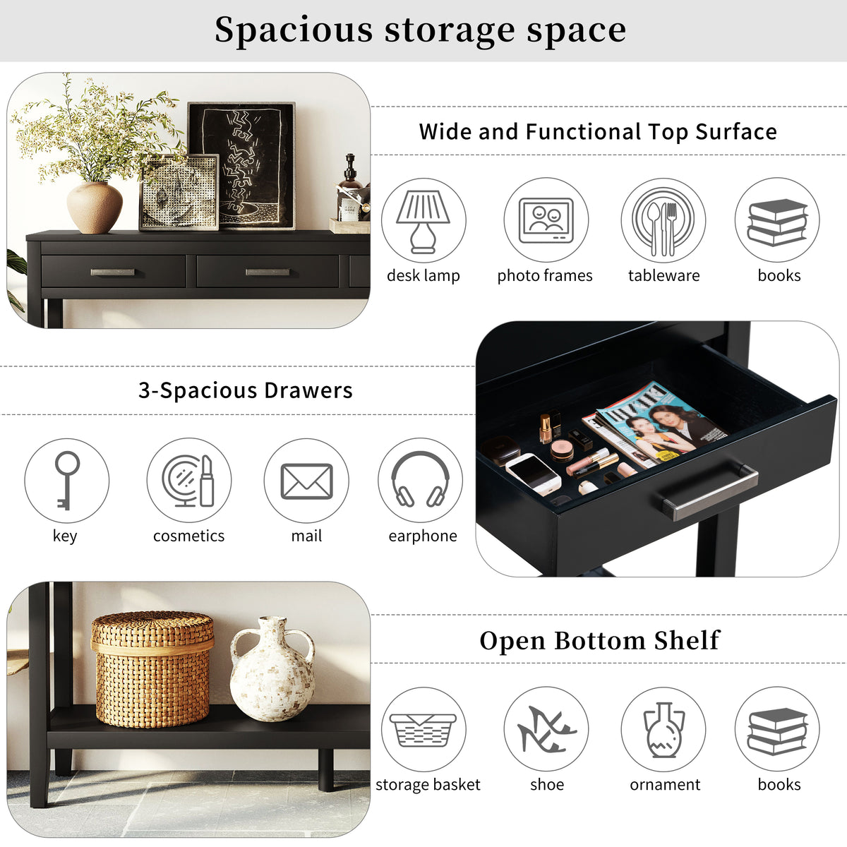 variant-group:rf-n711p410445b|Roomfitters 59.1" Farmhouse Entryway Table with 3 Drawers, Slim Console Sofa Table with Open Shelf for Hallway, Black
