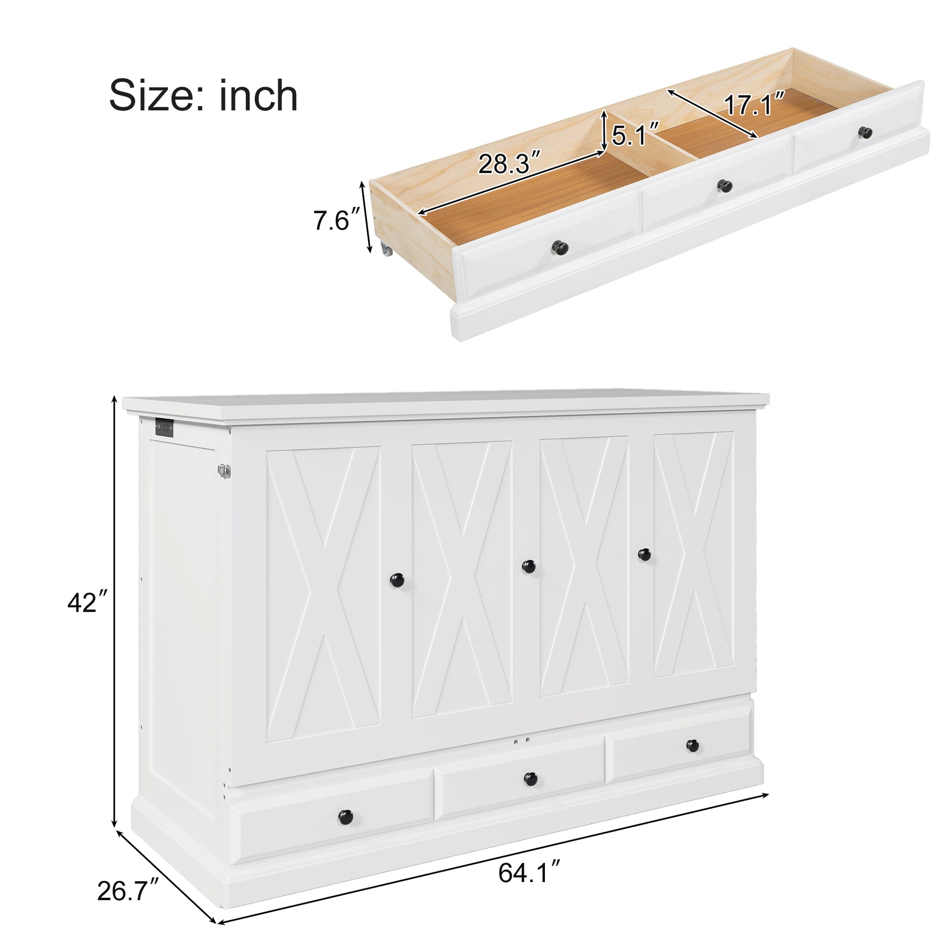 variant-group:rf-n701bs701p170503k|Roomfitters Queen Size Murphy Bed Cabinet with Charging Station and Storage Drawer, Freestanding Fold Out Guest Bed, White