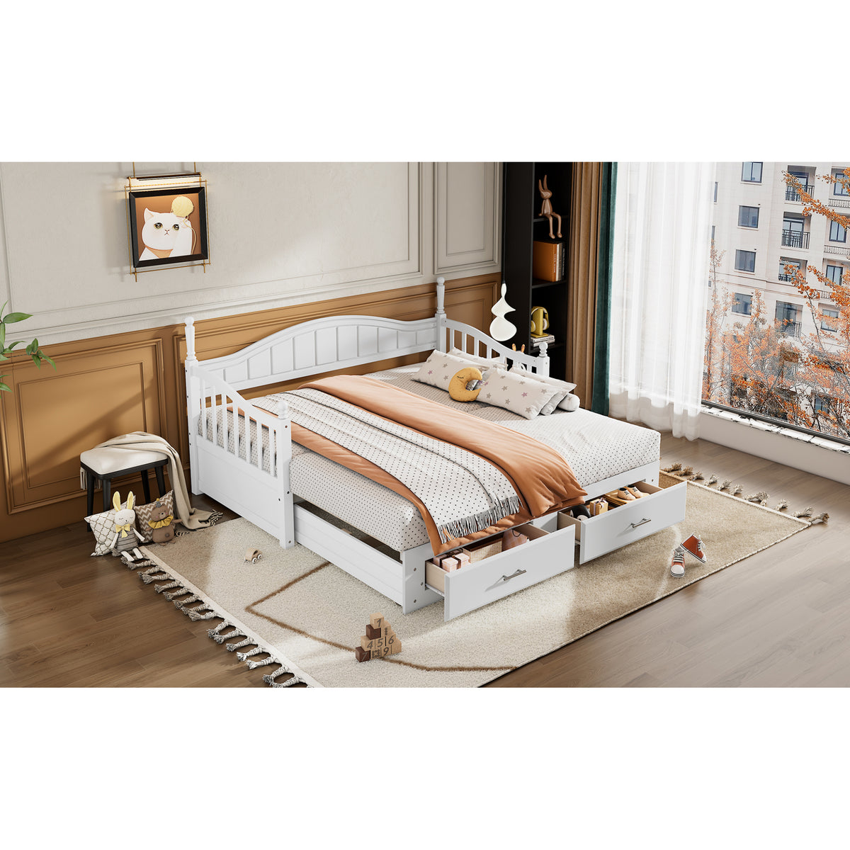 variant-group:rf-n733s173459k|Roomfitters Wooden Twin Size Daybed with Extendable Frame, Twin Trundle and Additional Storage Drawers, White