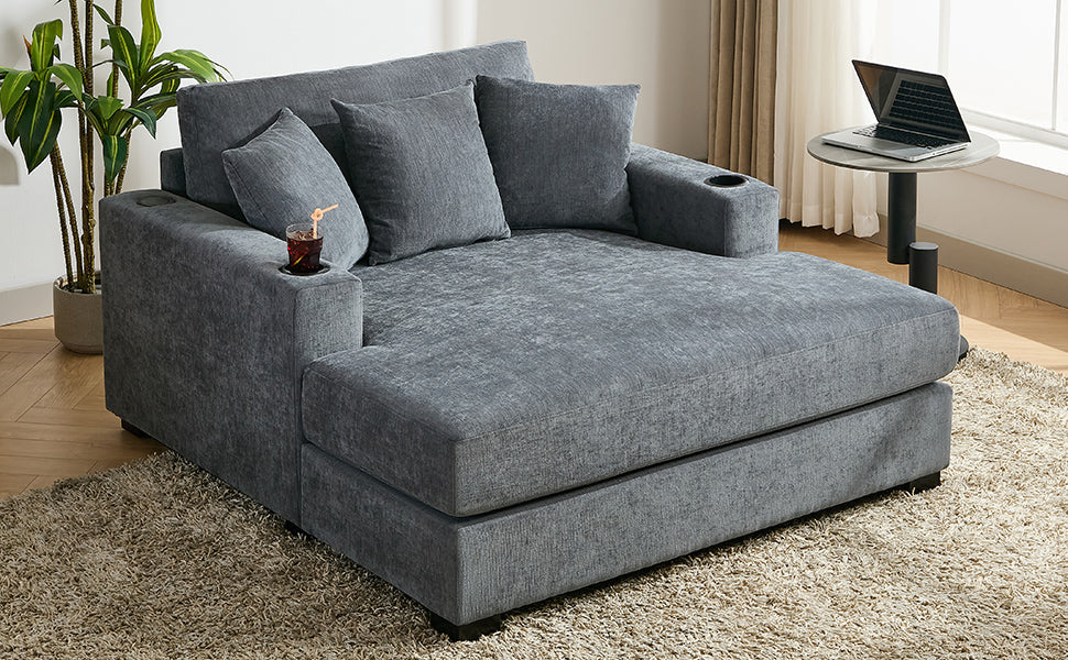 Roomfitters Oversized Chaise Lounger Sofa Couch, Upholstered Accent Chair Charge Station Cup Holders, Blue Gray