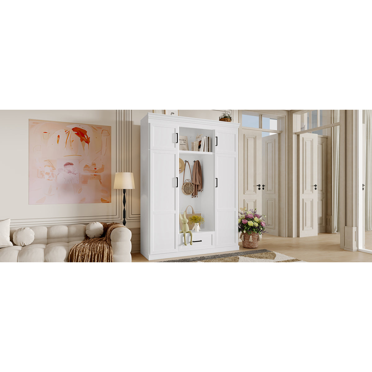 variant-group:rf-n724sj000140aak|Roomfitters 85.2" Hall Tree with Bench, 3 Hooks, 4 Doors, 1 Drawer and Adjustable Storage Shelves, White