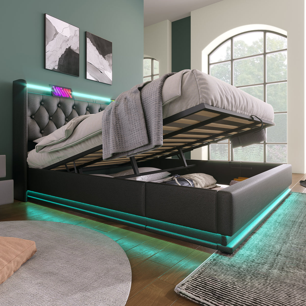 variant-group:rf-n736p188808b|Roomfitters King Size Upholstered Storage Bed with USB Type-C Charging and Remote Control, Faux Leather Black