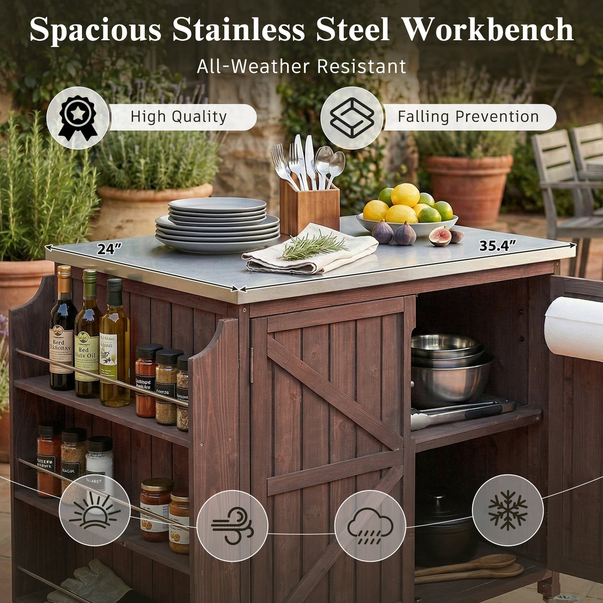 variant-group:rf-n707p370287z|Roomfitters 42.1" Grill Cart, Outdoor Kitchen Island with Stainless Steel Top, BBQ Prep Station with Spice Rack, Dark Brown