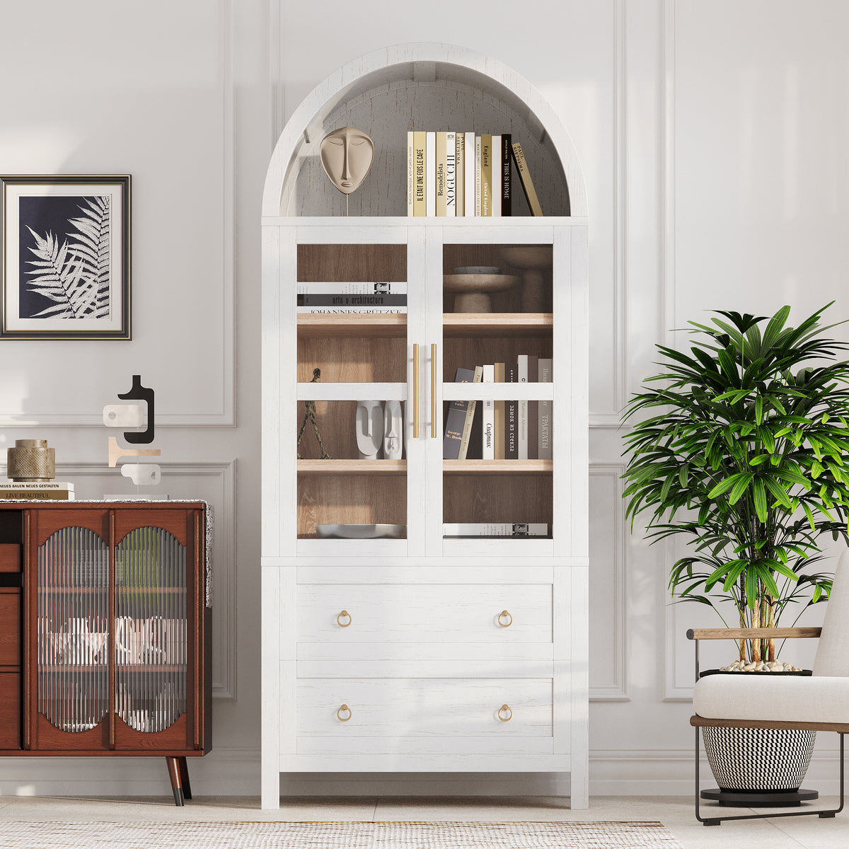 variant-group:rf-n707p288972w|Roomfitters 71" Pantry Cabinet with Arched Top and Glass Doors, 2 Storage Drawers and Adjustable Shelves for Kitchen, White