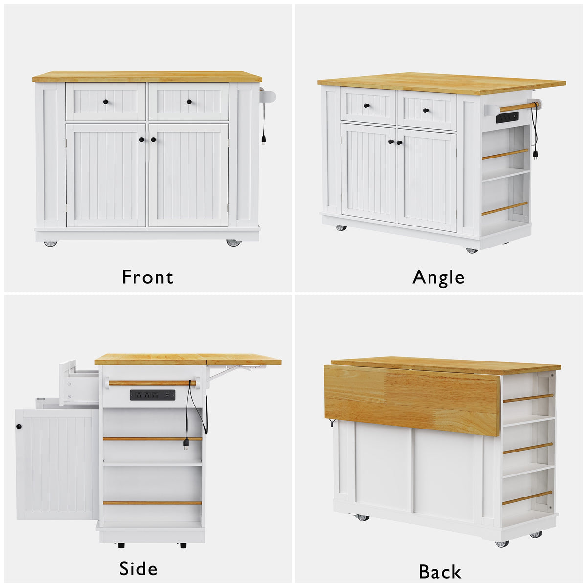 Roomfitters 48" Kitchen Island with 2 Bar Stools, Drop Leaf, Power Outlet, Rolling Cart with Side Shelves, White