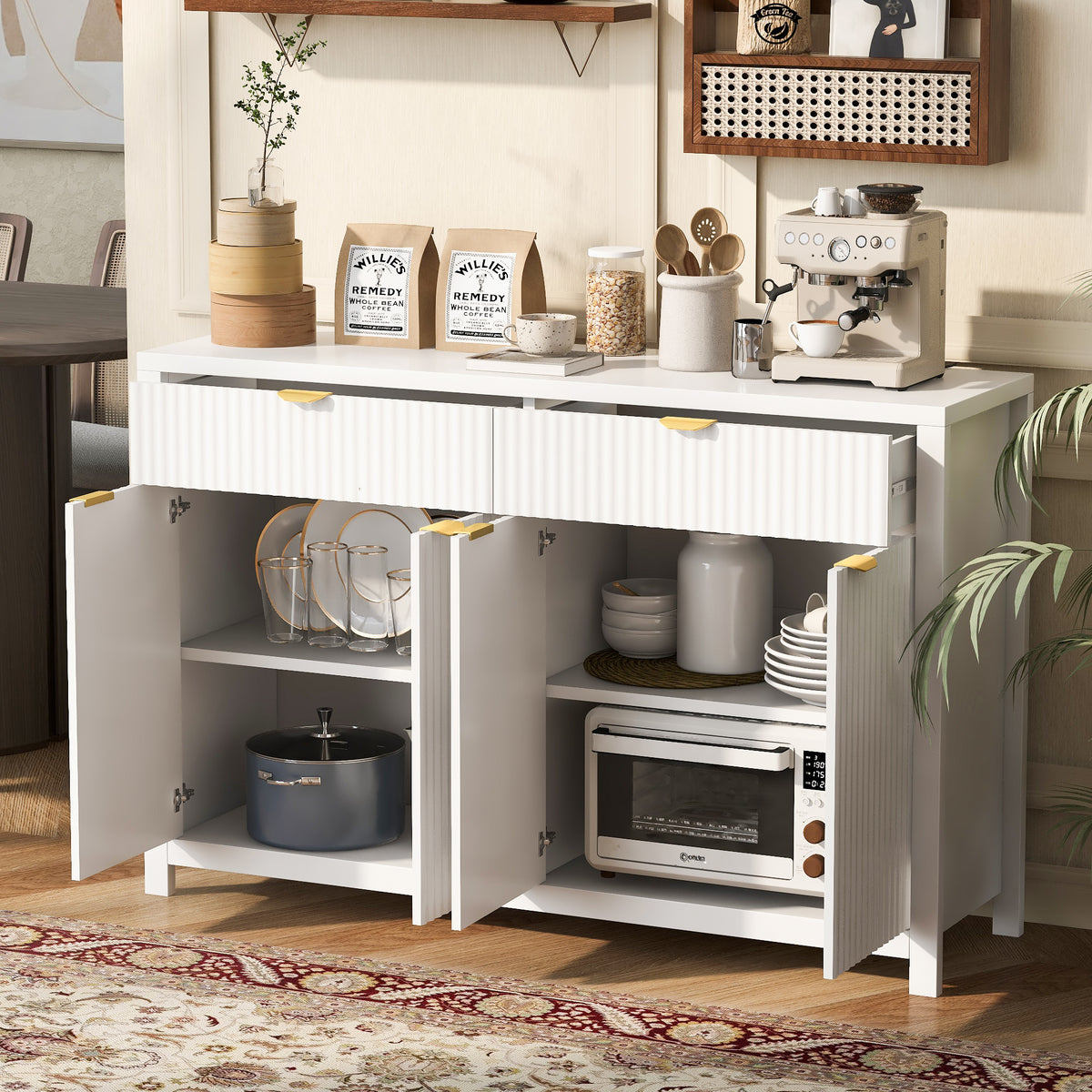 variant-group:rf-n711p269068k|Roomfitters Modern Sideboard Cabinet, Wave Pattern Storage Buffet with Adjustable Shelves, Accent Console, White