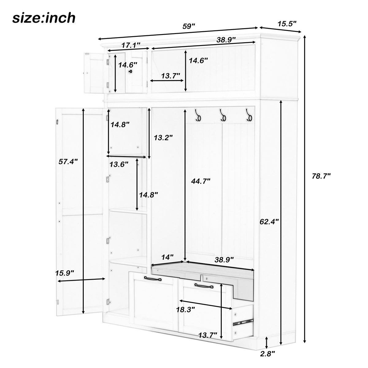 variant-group:rf-n724sj000160aak|Roomfitters 3-in-1 Entryway Hall Tree with Overhead Storage Cabinet, 2 Drawers, White