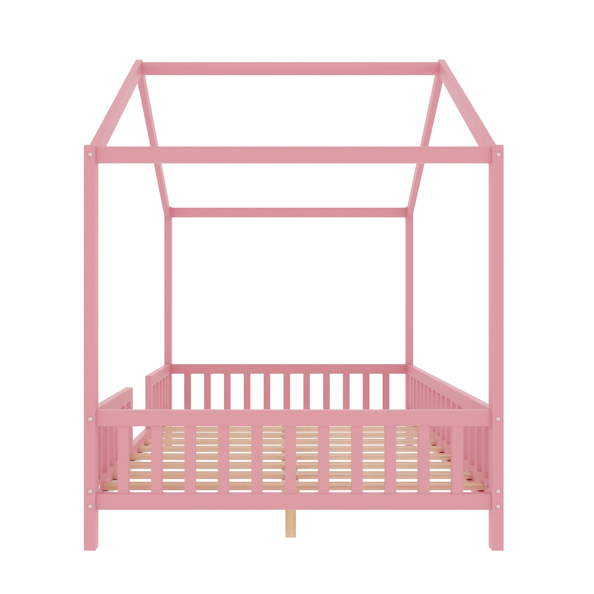 variant-group:rf-n733p356048h|Roomfitters Full Montessori Floor Bed with Canopy, House Shape Wood Frame with Safety Rails, Platform Bed, Pink